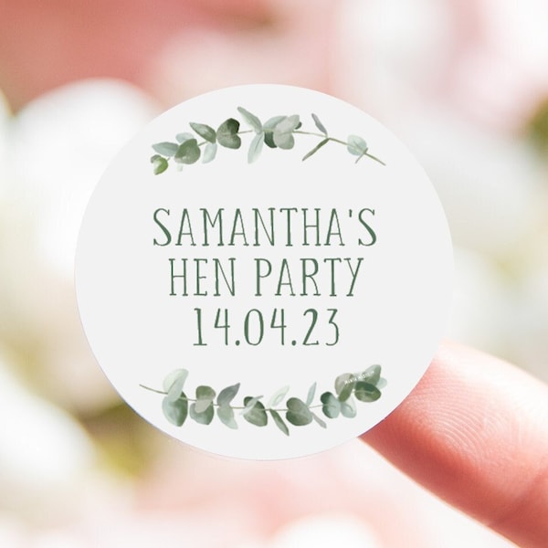 Personalised eucalyptus hen party stickers | hen party sticker | hen do stickers for favours | hen party labels | hen party favour label