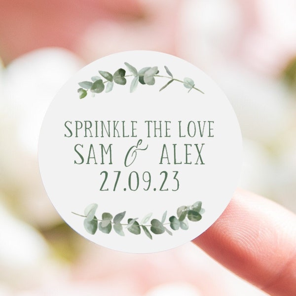 Sprinkle the love personalised wedding confetti stickers | eucalyptus botanical circle / round wedding favour sticker