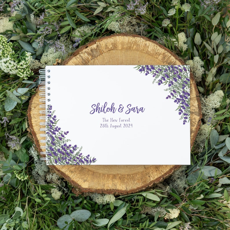 Personalised wedding guestbook lavender flowers purple floral green guest book for wedding engagement anniversary party album memory image 1