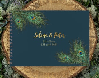 Peacock wedding guestbook | personalised navy and gold modern minimalist custom photo guestbook | sign our guest book polaroid guestbook