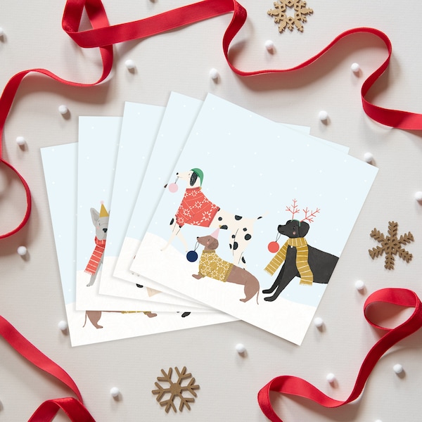 Hondentaferelen pakket van 5 kerstkaarten | seizoenen groeten kerstkaartpakket | handgemaakt handgetekend vijf pakje kaarten | kerstkaarten inpakken