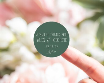 A sweet thank you emerald personalised wedding stickers | green simple sweet bag stickers | sweet thank you favours custom thank stickers