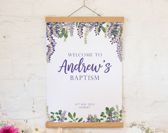 Personalised purple floral baptism sign | flower baptism welcome sign | baptism decor decorations | baptism banner poster | baptism welcome