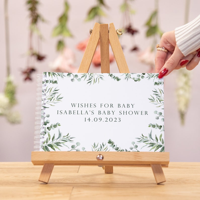 Botanical baby shower personalised guestbook greenery baby shower green leaves custom guestbook eucalyptus baby shower activity image 1