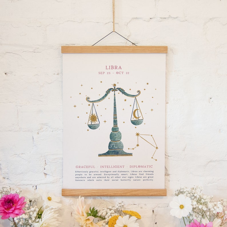 Libra poster print hand illustrated Libra birthday gift unique Libra print Libra art for zodiac Libra decor image 1