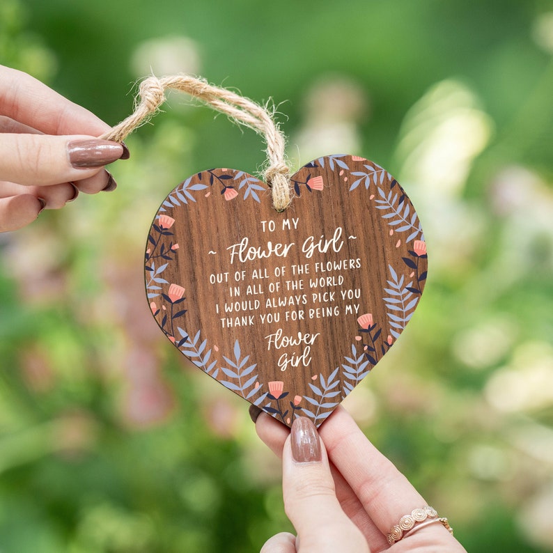 Flower Girl Thank You Gift Hanging Wooden Heart Bridal Party Gift Be my Bridesmaid Wood Keepsake Hen Party Wedding Day AM16 image 1
