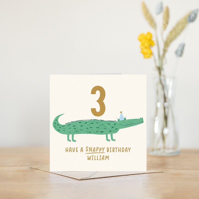 Personalised 3rd birthday card for boy or for girl crocodile 3 illustrated safari jungle animals greeting card for daughter or for son image 1