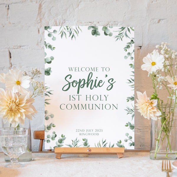 Personalised eucalyptus first holy communion sign | decor for first communion party | communion decor for 1st communion | communion banner