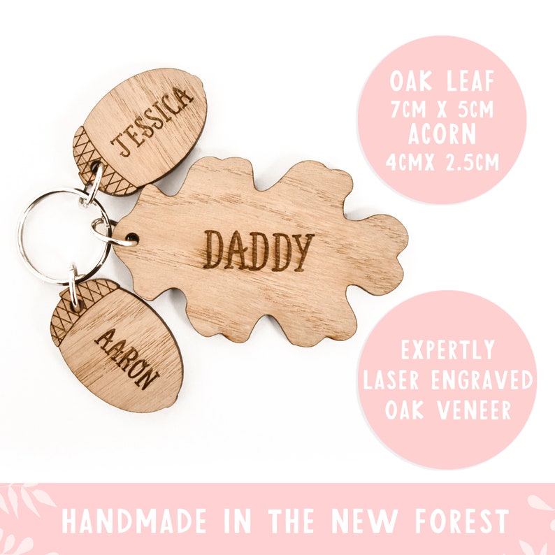 Gift ideas for Dad Personalised Acorn and Oak Keyring for Fathers Day Birthday or Christmas Grandad Gifts Gifts for Him Wooden Keyring image 2
