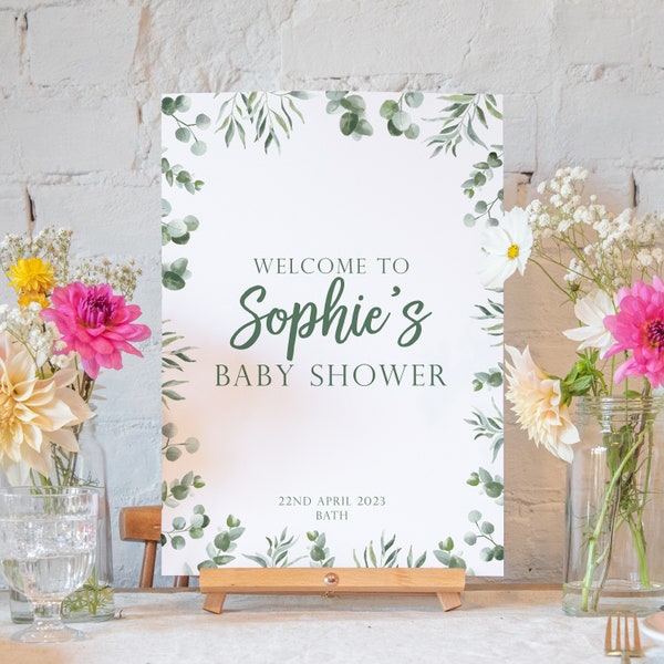 Eucalyptus personalised baby shower sign | welcome baby party sign | decor sign | baby shower party print | poster to welcome A4 or A3