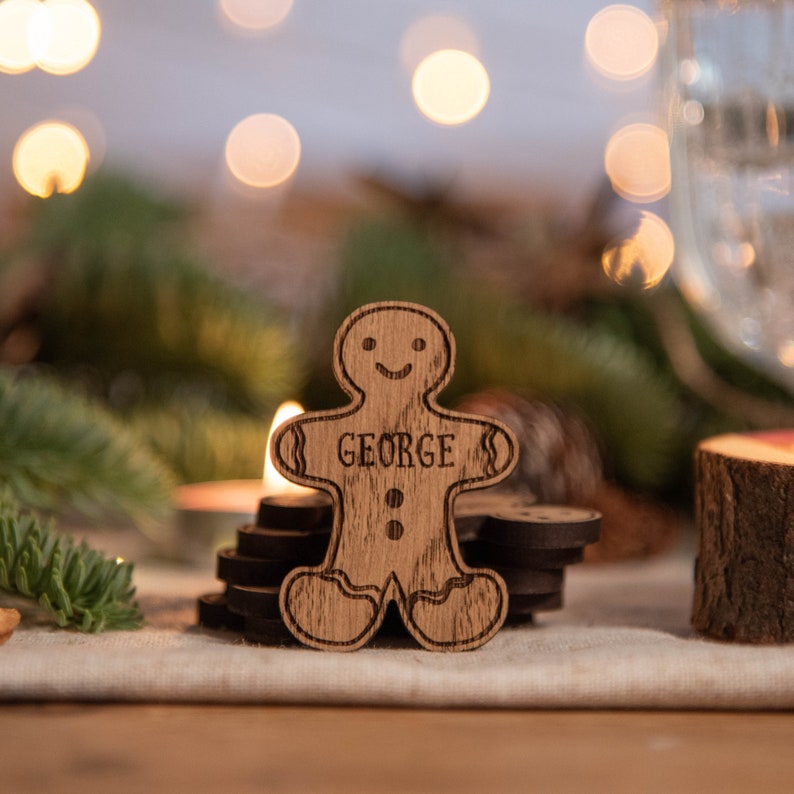 Personalised gingerbread man Christmas place names dinner table decor place name setting decoration wooden Christmas table decorations image 2