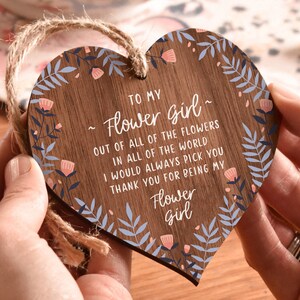 Flower Girl Thank You Gift Hanging Wooden Heart Bridal Party Gift Be my Bridesmaid Wood Keepsake Hen Party Wedding Day AM16 image 2