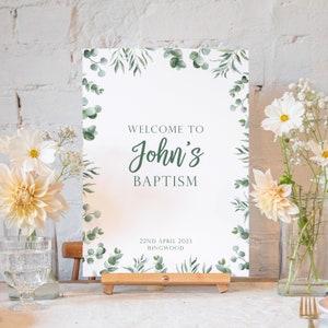 Personalised eucalyptus baptism sign | baptism welcome sign | baptism decor decorations | baptism banner poster | baptism welcome girl boy