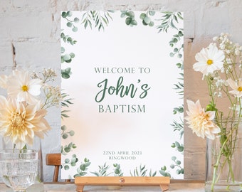 Personalised eucalyptus baptism sign | baptism welcome sign | baptism decor decorations | baptism banner poster | baptism welcome girl boy