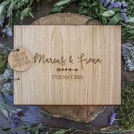 Rustic Personalized Wooden Wedding Guest Book Newlyweds Arrows 