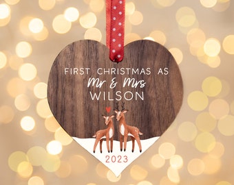 Married ornament for 1st Christmas married | first Christmas as Mr and Mrs | deer woodland decoration | wooden Christmas keepsake