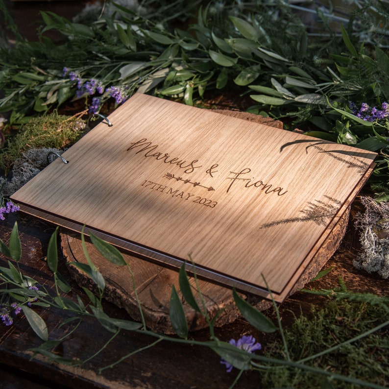 Personalised wooden wedding guest book with arrow & hearts, rustic guestbook, traditional woodland forest ceremony, alternative wood, PG5 image 3