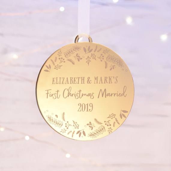 Metal stamped First Christmas married ornament