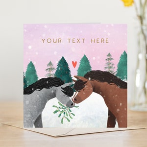 Personalised Christmas card for a couple | personalise by entering your own custom text | woodland cute horses in love | hand illustrated