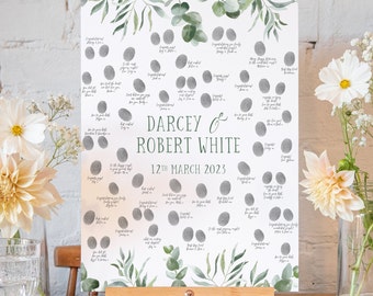 Illustration alternative personnalisée de livre d'or de mariage à l'eucalyptus vert | livre d'or de mariage | affiche de carte boho avec empreintes digitales