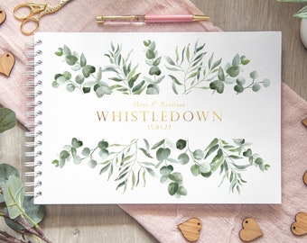 Wedding guestbook personalised | Eucalyptus wedding guest book for reception | guestbook wedding | white and gold foil boho guest book