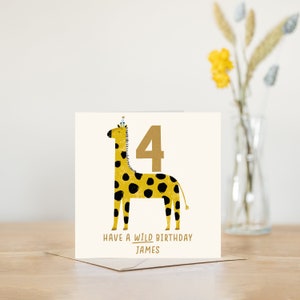 Personalised 4th birthday card for boy or for girl | 4 four giraffe illustrated safari jungle animals greeting card for daughter or for son