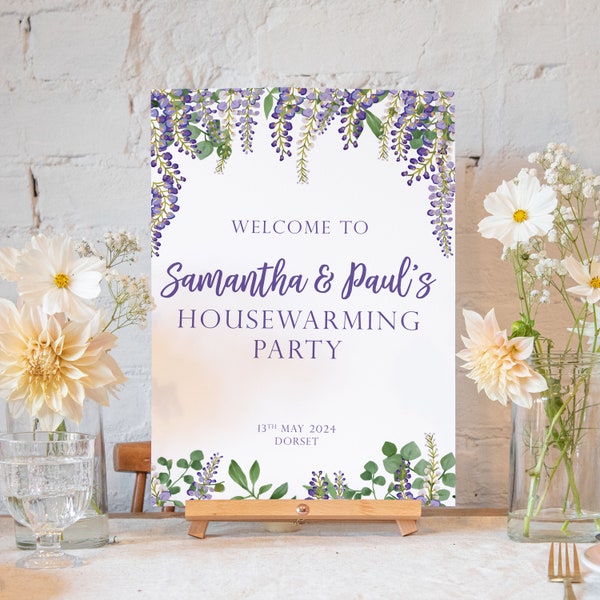 Personalised purple wisteria flower housewarming party sign | new home party / new house party new home | house warming welcome sign