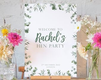 Eucalyptus personalised hen party sign | welcome hens party sign | hen party decor hen do sign | hen party print, hens party welcome to hen