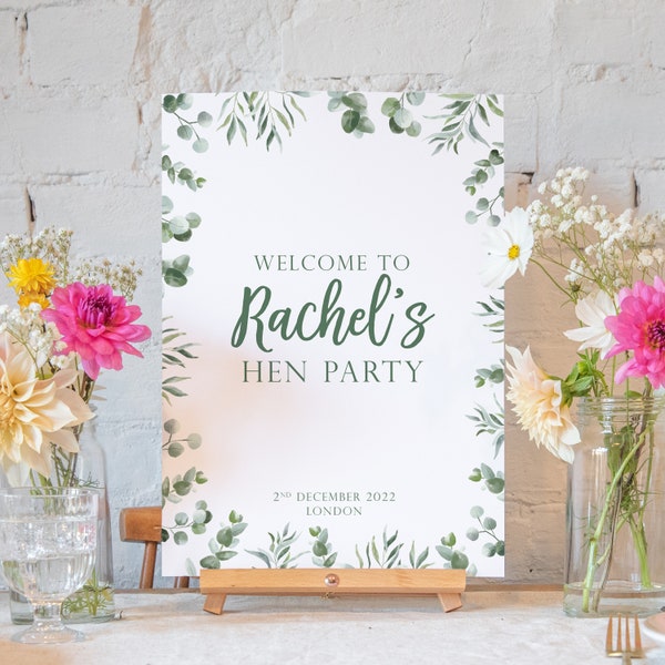 Eucalyptus personalised hen party sign | welcome hens party sign | hen party decor hen do sign | hen party print, hens party welcome to hen