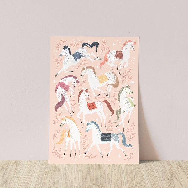 Horse art print | horse bedroom decor | equestrian pink horse for girls bedroom | colourful horse gifts | equine wall art for nursery