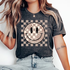 Checkered Smiley Face Shirt, Fall Smiley Face Sweatshirt, Boho Vintage Tee, Adult and kids Tee, Happy Face Graphic Tee, Smiley-Faced Shirt,