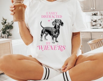 Wiener Dog Easily Distracted Mom Tee, Funny Dachshund Graphic Shirt, Wiener Dog Lovers, Cute & Playful Mom Shirt, Casual Dog Mom Apparel