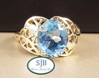 Blue Topaz Rings, 14k Yellow Gold Oval Blue Topaz Ring, Vintage Blue Topaz Statement Ring, November Birthstone Jewelry, Size 8.25, #C931