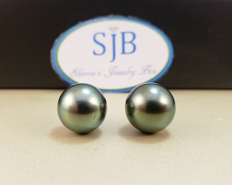 Tahitian Pearl Earrings, Tahitian Pearl Stud Earrings, 14k Yellow Gold Black Tahitian Pearl Stud Earrings, June Birthstone Jewelry, #E1272