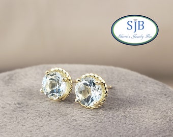 Blue Topaz Earrings, 14k Blue Topaz Studs, 14k Yellow Gold Blue Topaz Stud Earrings with Gold Rope Trim, November Birthstone Jewelry, #E1511