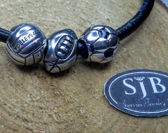 Sports Charms, 925 Football Charms,  Volleyball Charms, 925 Sterling Silver Sports Charm Bead Set fits Chamilia Novo and Pandora Jewelry