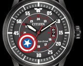 Marvel Watches, Citizen Disney Watch, Captain America Watch, Stainless Captain America Watch Camo Band Black Dial, Mens Collectable Watch