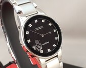 Mickey Mouse Watch, Citizen Disney Watch, Polished Stainless Steel Case Link Band, Black Dial Mickey Silhouette Watch, Collectable Watches