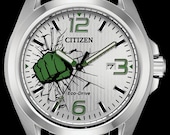 Marvel Watches, Citizen Disney Watches, Incredible Hulk Stainless Watch with Black Leather Strap Green SMASH Dial, Mens Collectable Watch