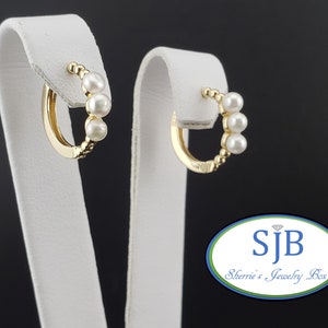 Pearl Earrings, Pearl Hoops, 14k Yellow Gold Pearl Hoop Earrings, Pearl Huggie Hoop Earrings, Hinged Hoop Earrings, Pearl Jewelry, #E1862
