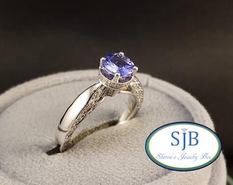 Tanzanite Rings, 10k Tanzanite & Diamond Ring, 10k White Gold Engagement Style Tanzanite Ring, December Birthstone Jewelry, Size 6.5, #R755