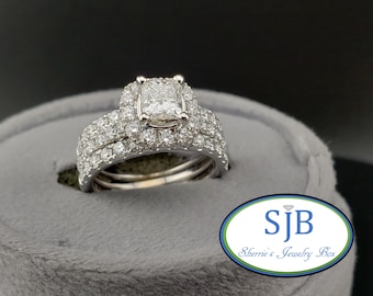 Engagement Rings, Vintage 14k White Gold Princess Diamond Halo Engagement Ring & Diamond Wedding Bands, Anniversary Ring, Size 4.5, #C4822