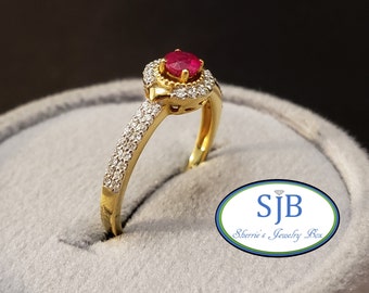 Ruby Rings, 18k Ruby Rings, 18k Yellow Gold Ruby & Diamond Halo Ring, Red Gemstone Rings, Stacking Rings, July Birthstones, Size 6.75, #R594