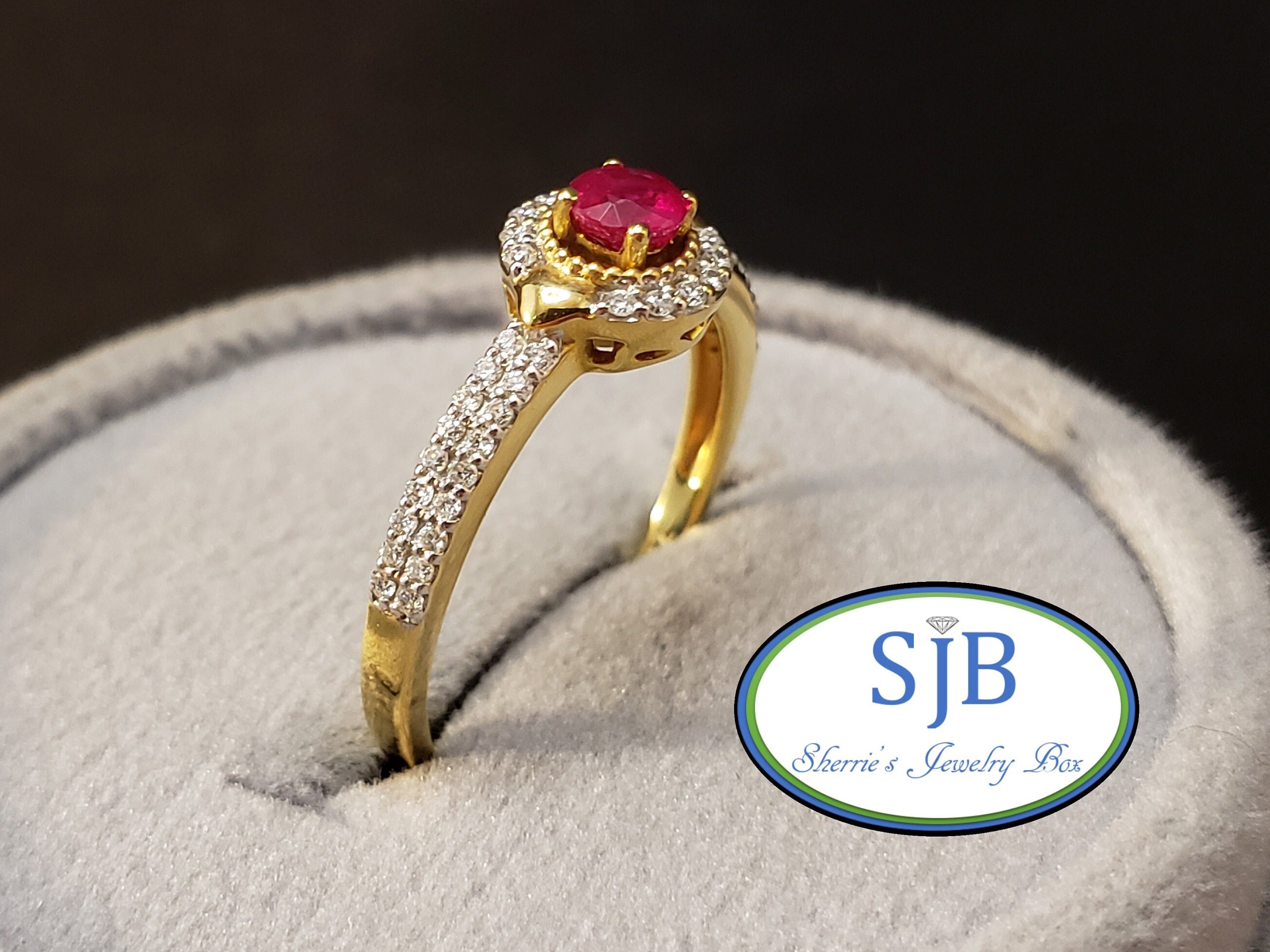 Ruby Rings 18K Ruby Rings 18K Yellow Gold Ruby Diamond Halo Ring Red Gemstone Rings Stacking Rings July Birthstones Size 6.75 R594