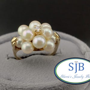 Vintage Pearl Rings, Vintage 10k Yellow Gold Pearl and Diamond Ring, Pearl & Diamond Statement Ring, Unique Vintage Rings, Size 5.5, #C4817