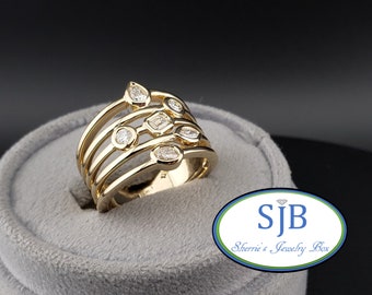 Diamond Bands, Wide Diamond Statement Ring, 14k Yellow Gold Multi-Row Bezel Set Multi Shape Diamond Band, Anniversary Rings, Size 7, #R1232