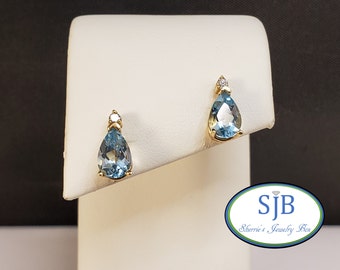 Blue Topaz Earrings, 14k Blue Topaz Stud Earrings, 14k Yellow Gold Blue Topaz Stud Earrings with Diamond Accents, November Birthstone, #E829