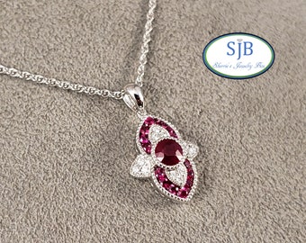 Ruby Pendants, 14k Ruby and Diamond Necklace, 14k White Gold Ruby & Diamond Pendant, 18" Red Gemstone Necklace, July Birthstones, #P1203