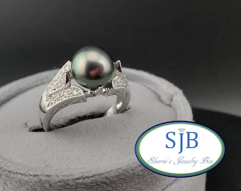 Tahitian Pearl Rings, Vintage 14k Black Pearl and Diamond Rings, 14k White Gold Black Tahitian Pearl & Diamond Ring, Size 6.25, #C3839