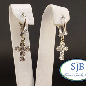 Cross Earrings, 14k Diamond Cross Earrings, 14k White Gold Diamond Cross Drop Earrings, 14k Diamond Cross Dangles, Religious Jewelry, #E1613
